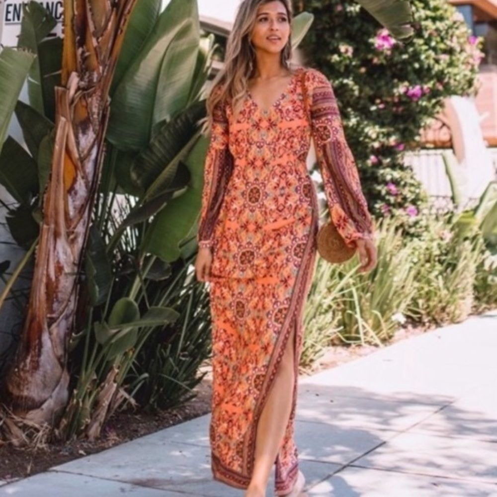 Anthropologie FARM RIO Orange and Pink Maxi Dress with Sexy Side Slit!
